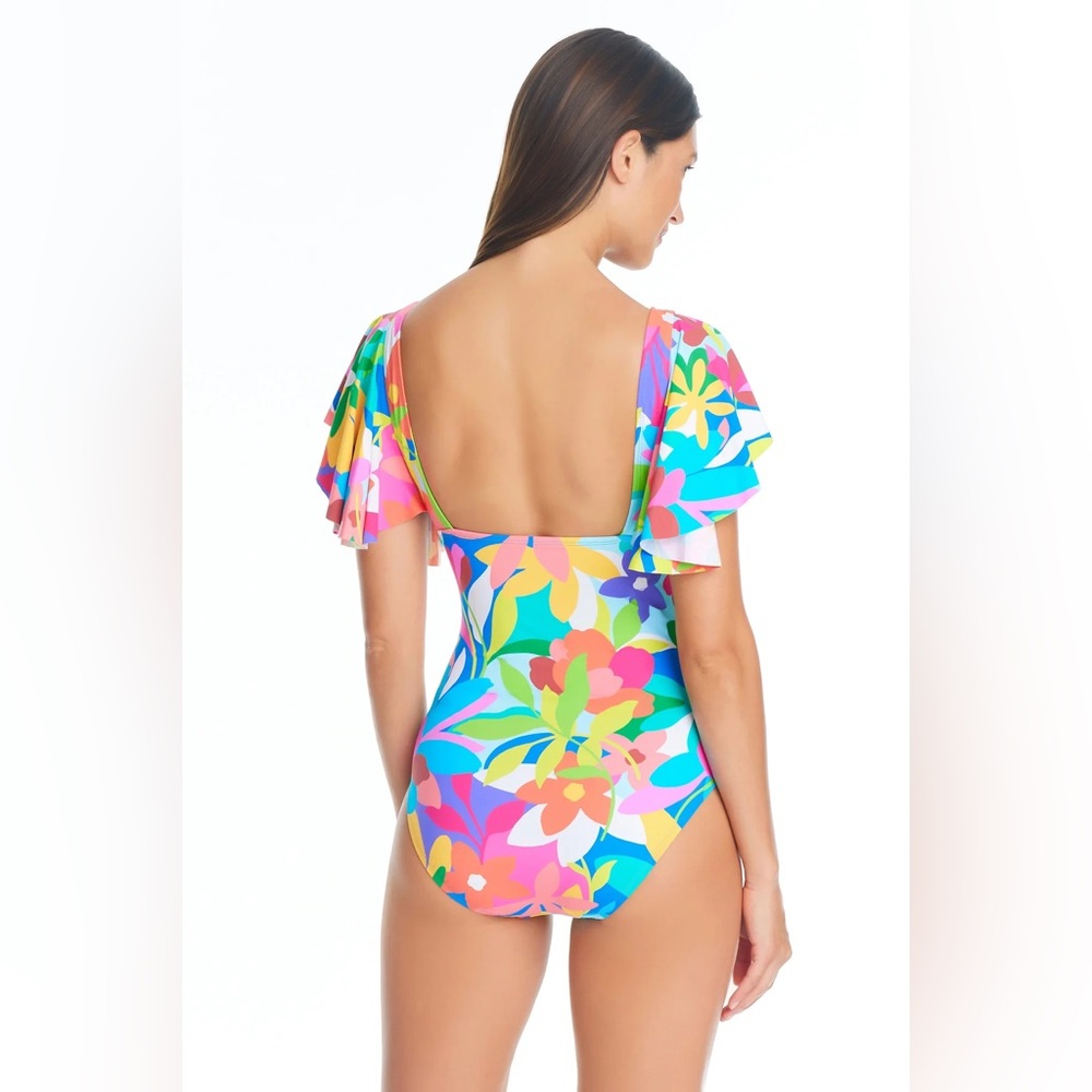 Bleu Rod Beattie multicolor retro floral ruffle sleeve one piece swimsuit size 8 - Picture 2 of 7